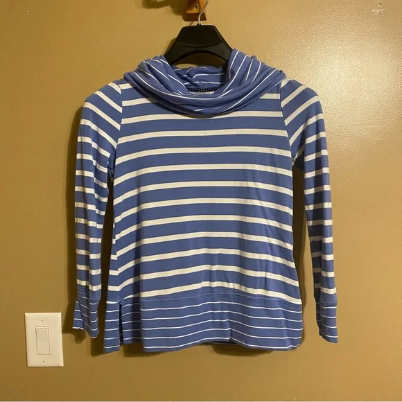 Cupio Tops Cupio Womens Blue Striped Cowl Neck Stretch Sweater